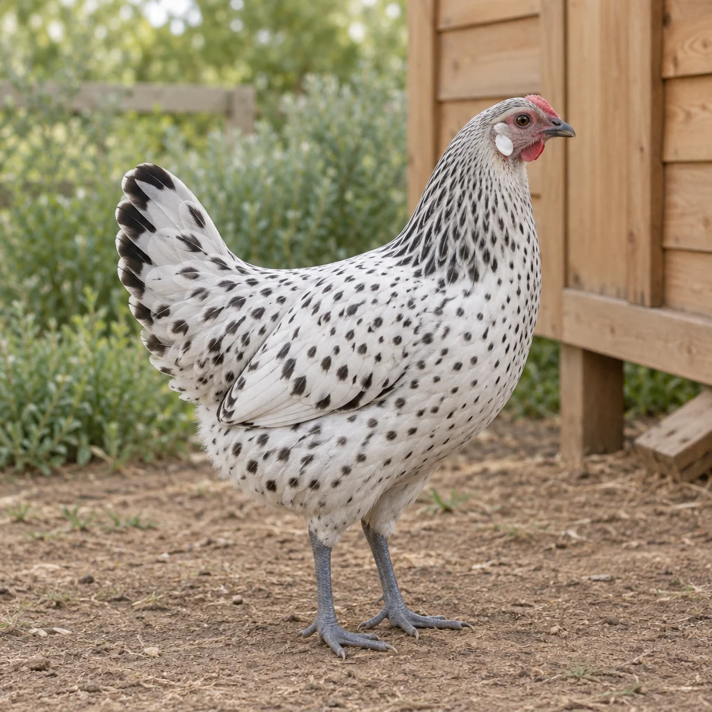 Illustration d’une poule Hamburger blanche tachetée de noir près d’un poulailler en bois.
