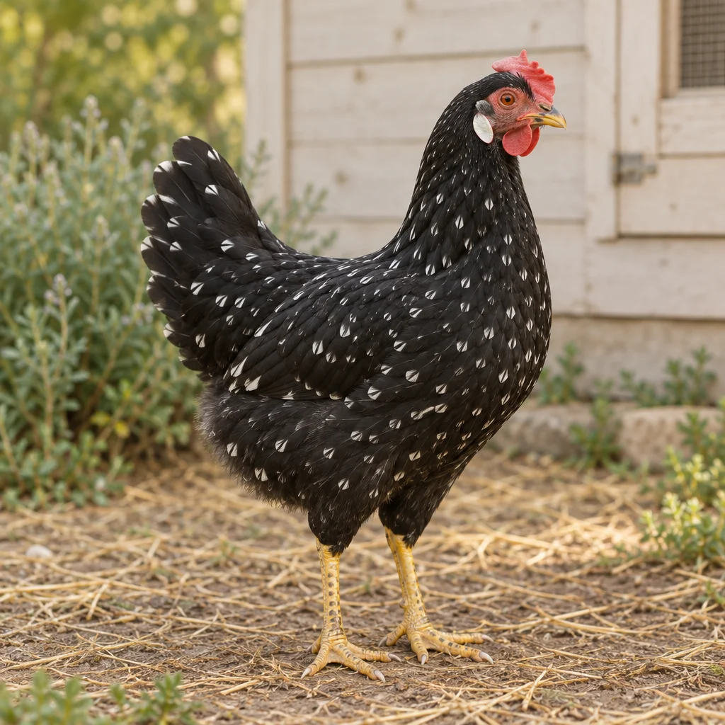 Une poule mouchetée de noir et de blanc se tient dans une cour, les deux pattes visibles, devant un mur en bois clair.