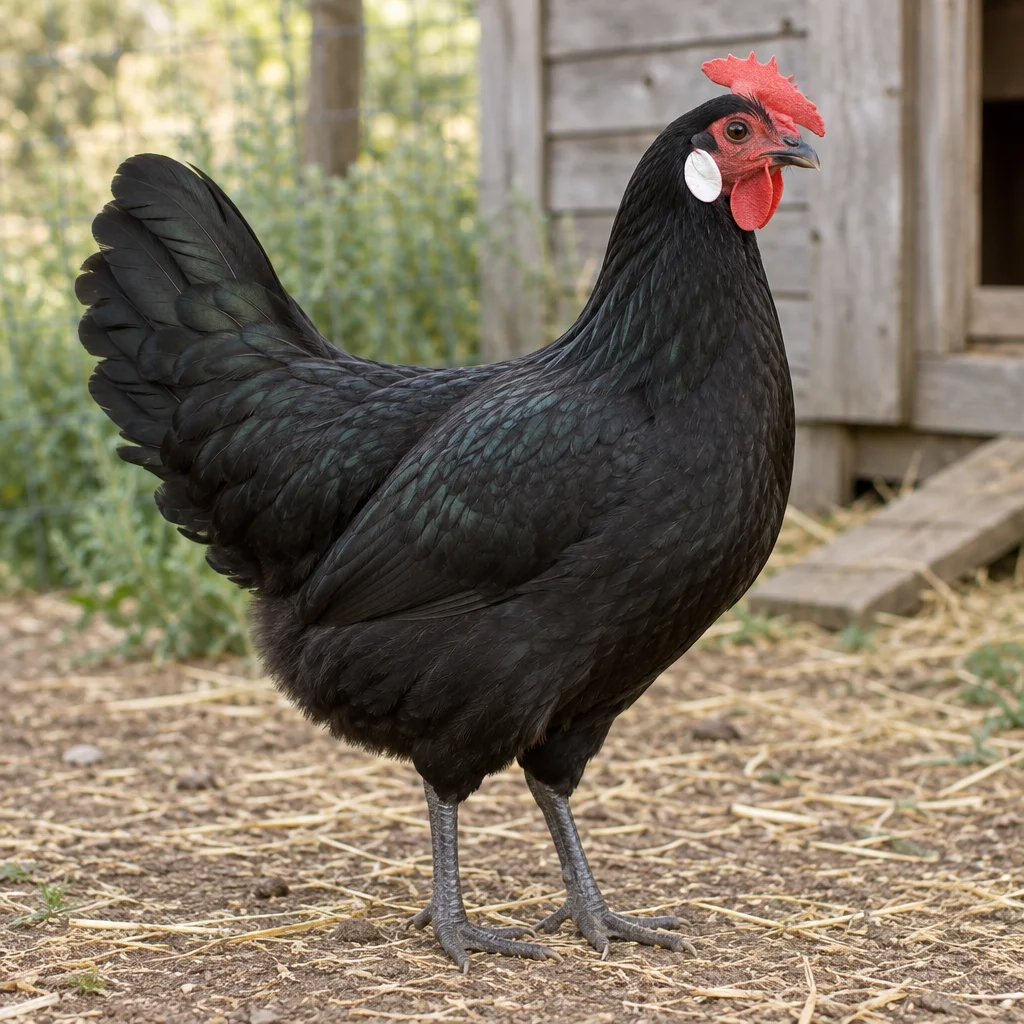 Poule noire aux oreillons blancs, à la crête rouge et aux pattes gris ardoise, entièrement visible près d’un poulailler en bois.