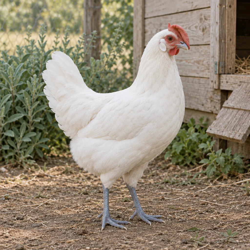 Illustration d'une poule Bresse Gauloise blanche aux pattes bleu gris et à la crête rouge tombant sur le côté, près d'un poulailler en bois.