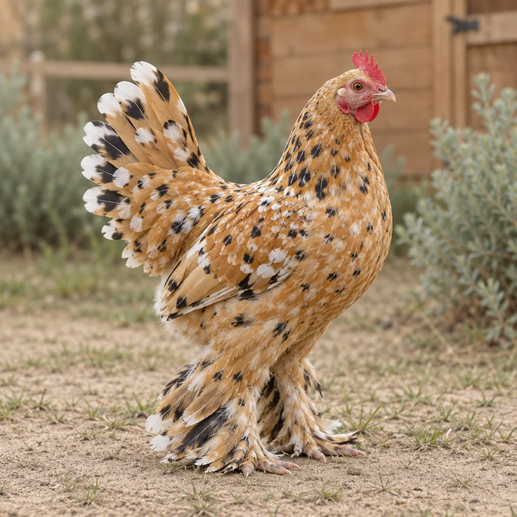Illustration d'une Sabelpootkriel multicolore, à la queue déployée et aux pattes abondamment emplumées, sur un sol sec.