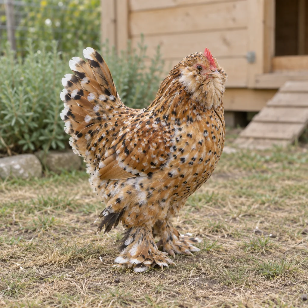 Une petite poule barbue aux plumes tachetées et aux pattes très emplumées se tient sur de l’herbe sèche devant un poulailler en bois.