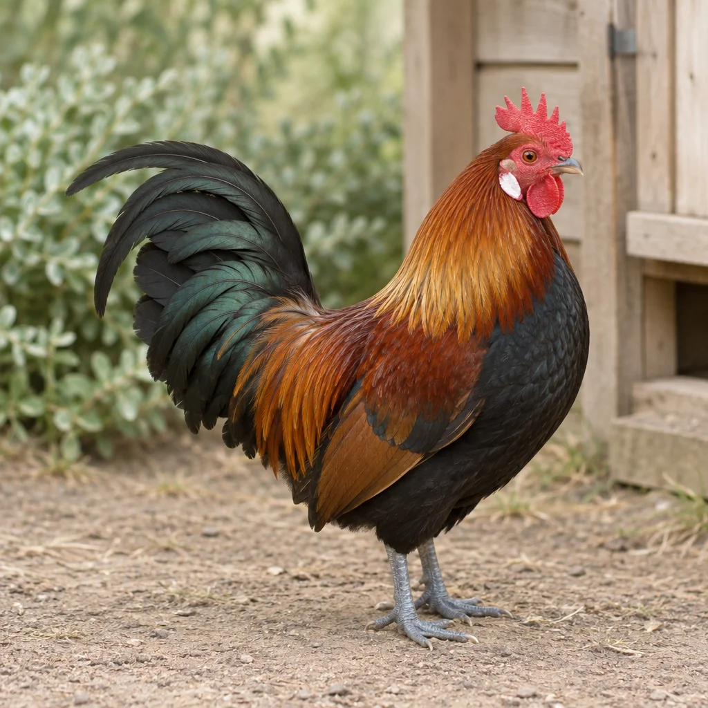 Coq au plumage brun roux et noir, avec une crête rouge, des oreillons blancs et des pattes bleu ardoise, dans une cour près d’un poulailler en bois.