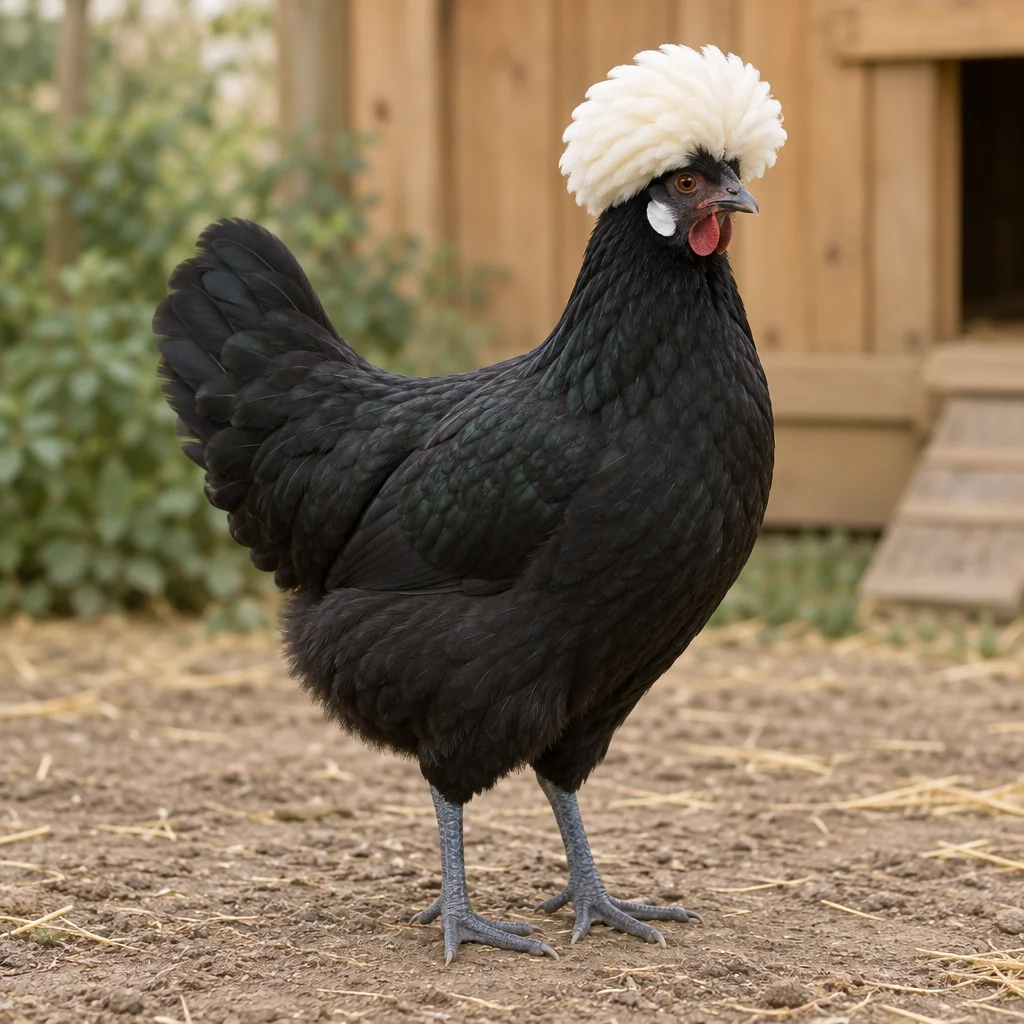Poule noire dotée d’une huppe blanche et ronde et de pattes bleu ardoise, debout sur la terre devant un poulailler en bois.