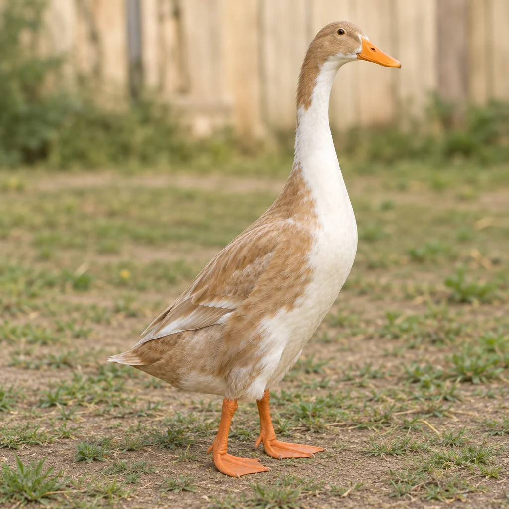Illustration d’un canard coureur indien brun clair et blanc, au port dressé, debout sur l’herbe.