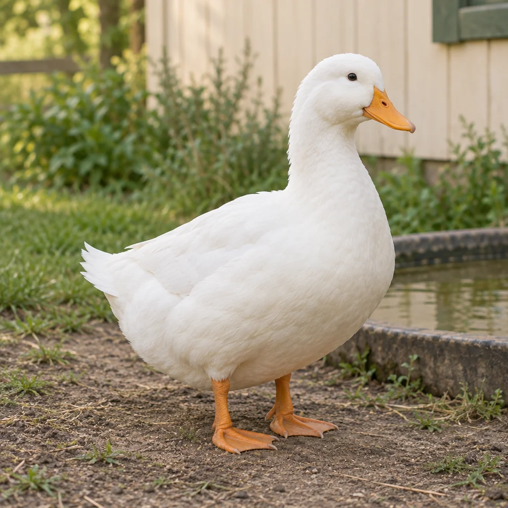 Canard blanc au bec orange et aux pattes palmées, debout sur la terre près d’un bac d’eau, avec de la verdure et une paroi en bois clair en fond.