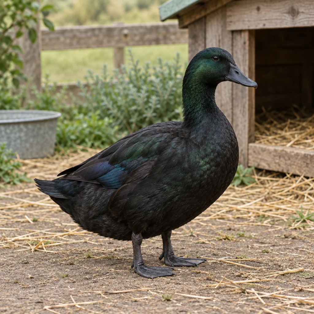 Un canard noir aux reflets verts se tient dans une cour couverte de paille, à côté d’un abri en bois.