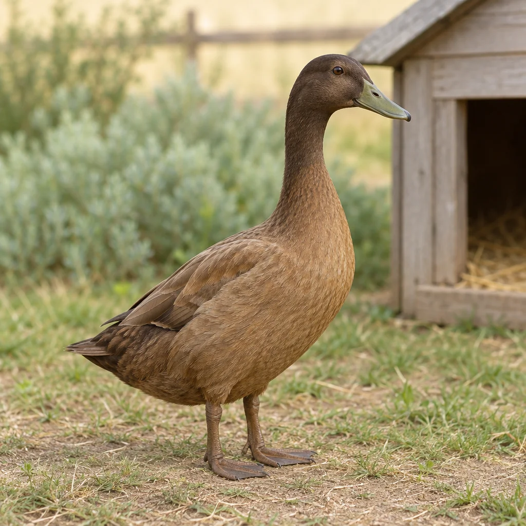 Canard brun à la tête sombre et au bec vert olive, debout sur l’herbe près d’un abri en bois.
