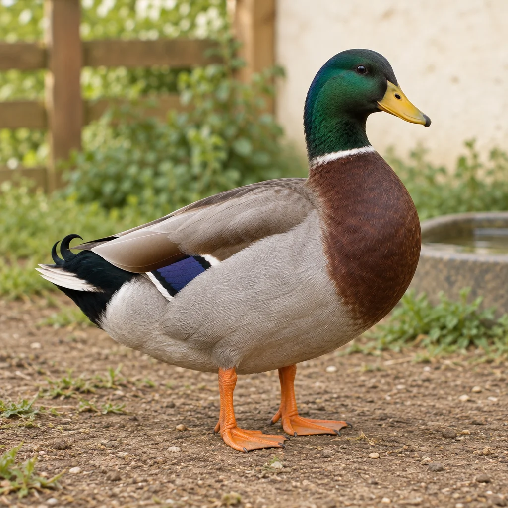Illustration d’un canard mâle à tête verte, collier blanc, poitrine brune et flancs gris, debout dans une cour.