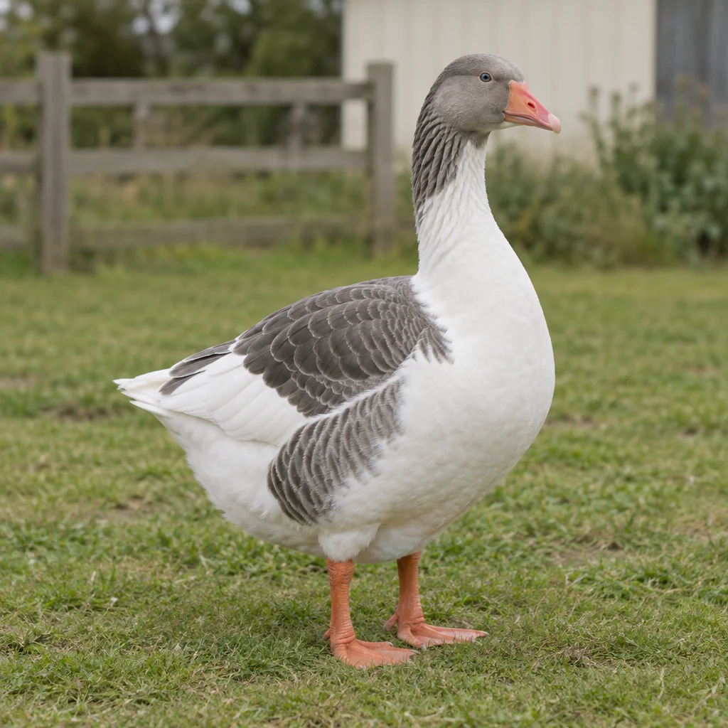 Une oie à la tête et au dos gris, à la poitrine blanche, au bec rose et aux pattes orange se tient sur l’herbe devant une clôture en bois.