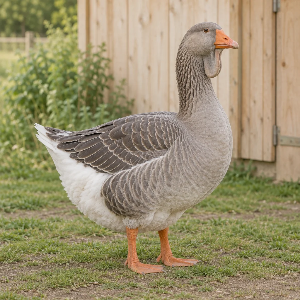 Oie grise avec un pli de peau sous le bec et des pattes orange, debout dans l’herbe près d’une grange en bois.