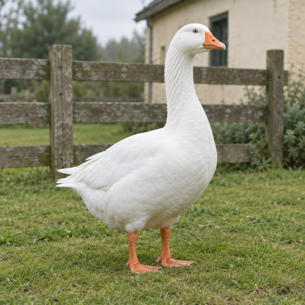 Oie blanche aux yeux bleus, au bec et aux pattes orange, sur l’herbe devant une clôture en bois.