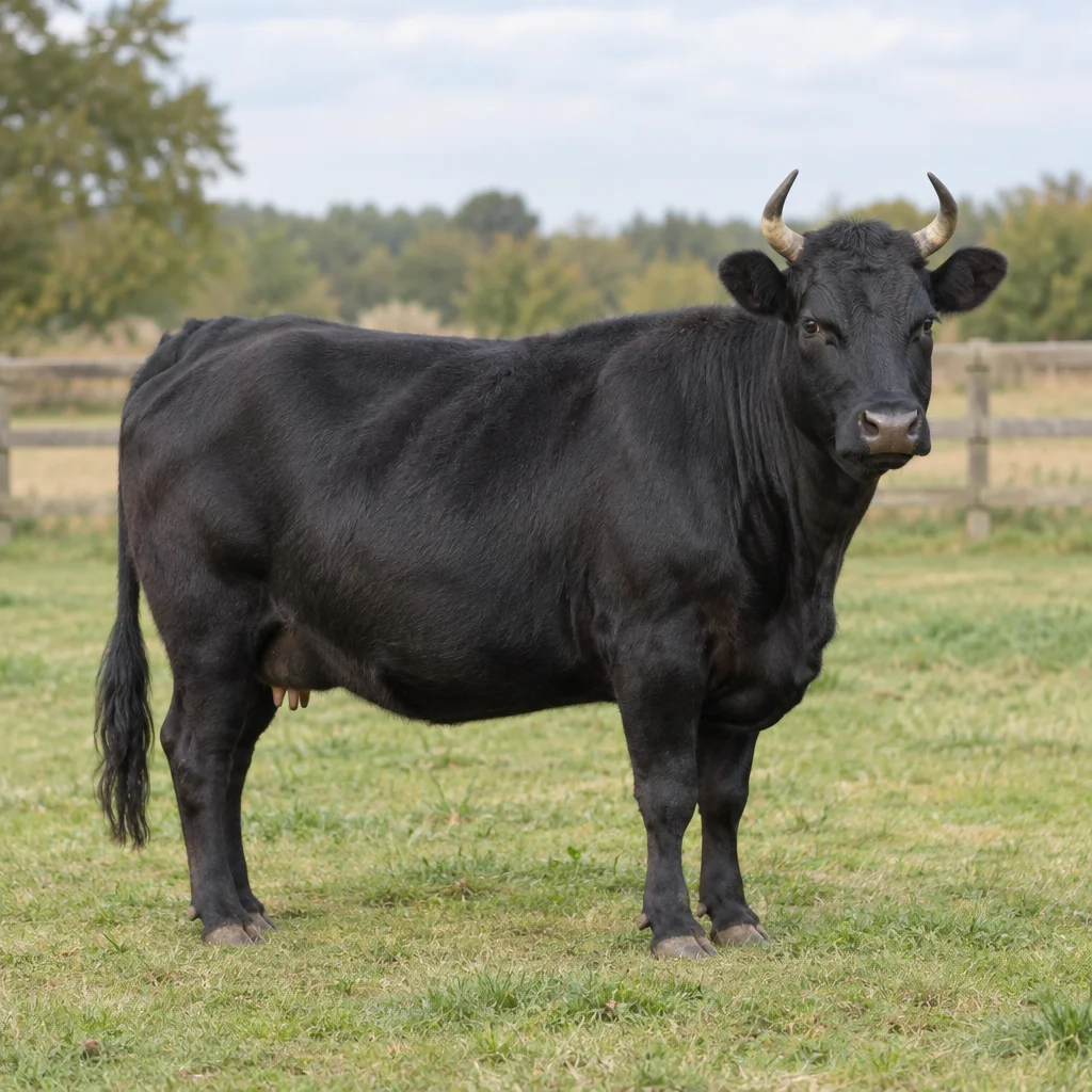 Un bovin noir aux cornes recourbées est visible en entier dans une pâture herbeuse, avec une clôture en bois au fond de l’image.