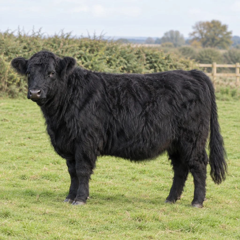 Un bovin noir à poils longs, sans cornes, se tient dans une prairie devant une haie, ses quatre pattes visibles.