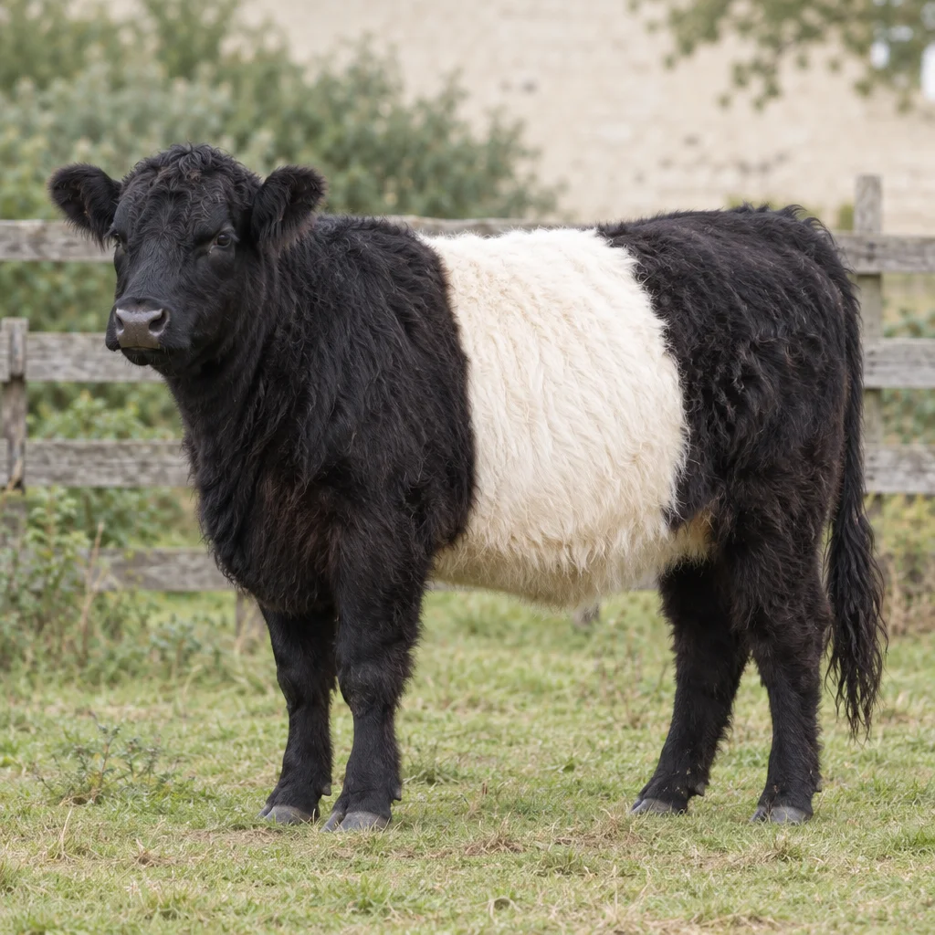 Illustration d’un bovin Belted Galloway noir au pelage hirsute, avec une large bande blanche autour du corps, debout dans un pâturage près d’une clôture en bois.