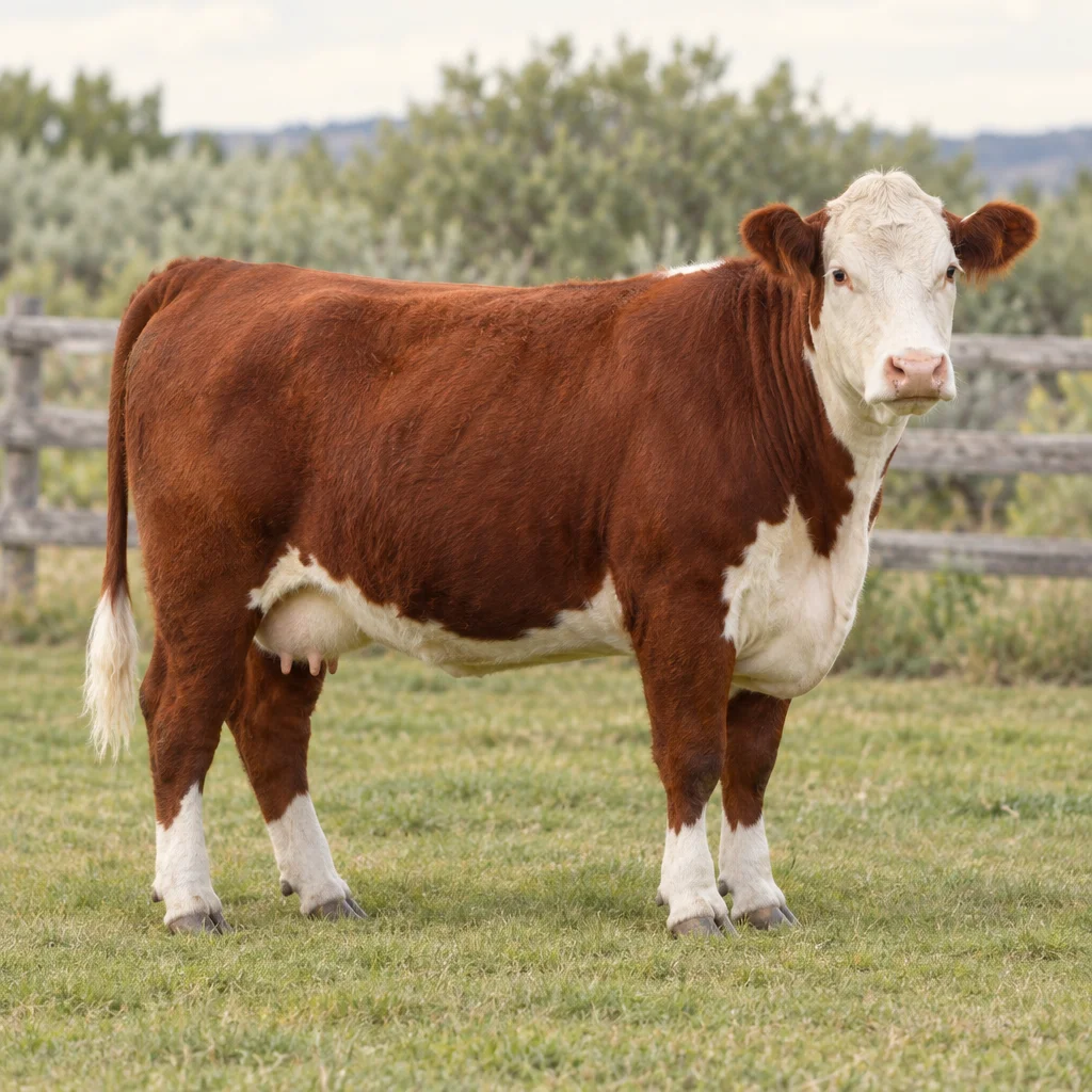 Une vache rousse sans cornes, à la tête, au dessous du corps et au bas des pattes blancs, se tient sur l’herbe devant une clôture en bois.
