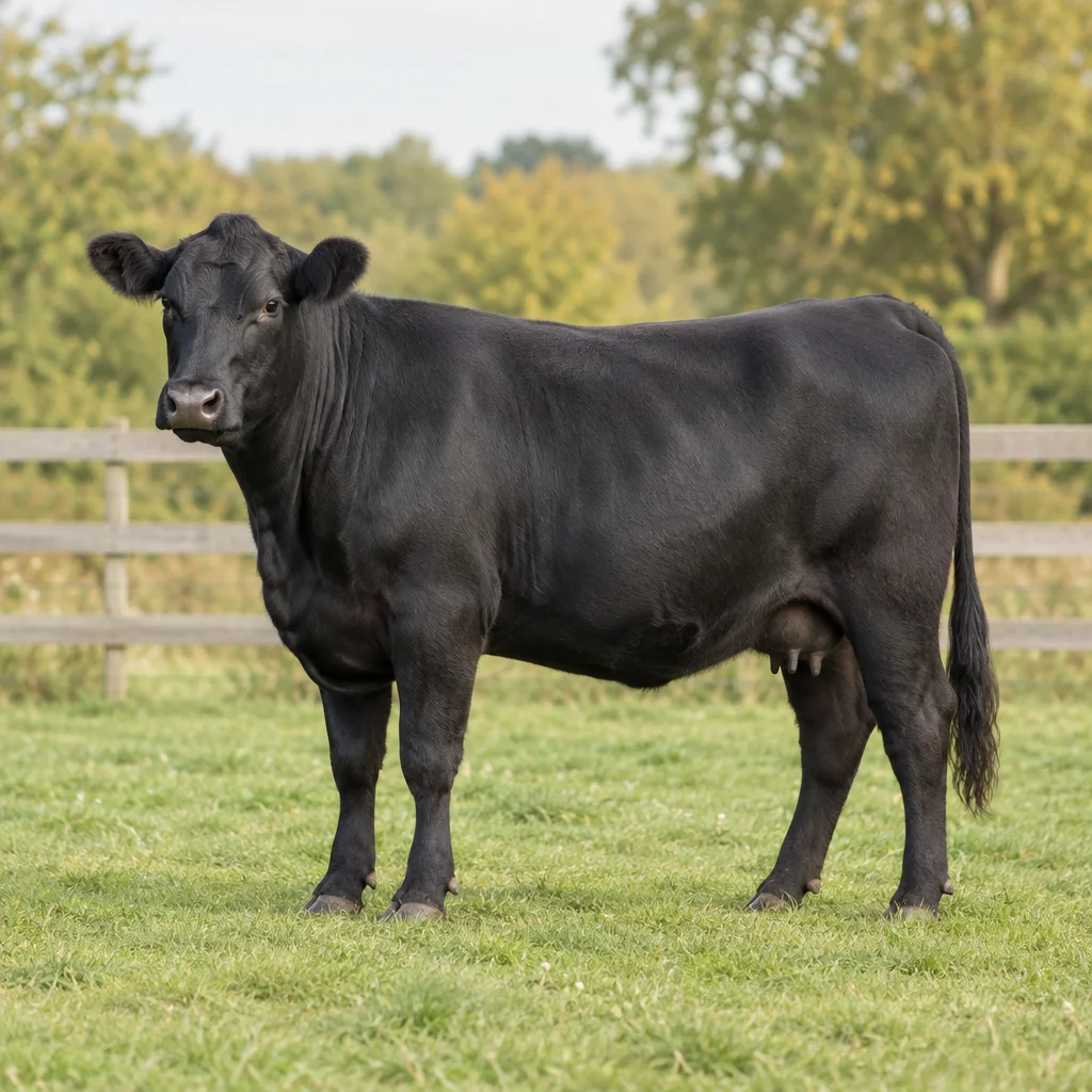 Vache adulte noire et sans cornes dans un pré, devant une clôture en bois.