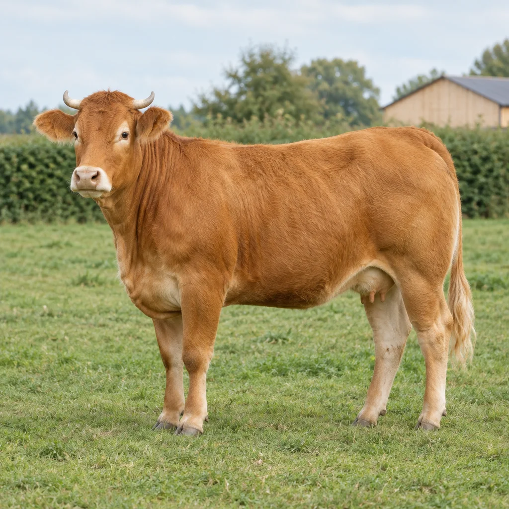 Une vache brun roux aux cornes claires se tient dans une prairie, avec une haie et une grange au fond.