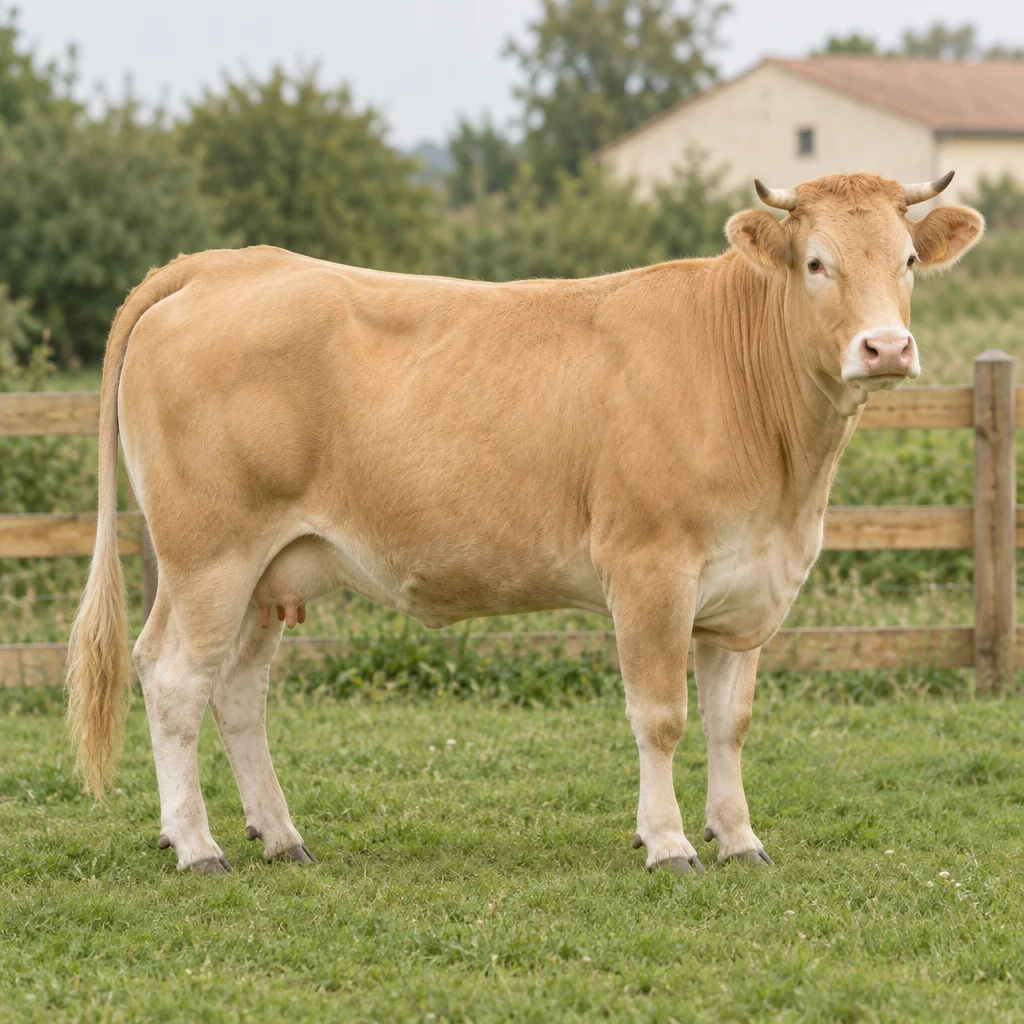 Illustration d'une vache Blonde d'Aquitaine à la robe froment clair, aux cornes claires et au mufle rose, dans une prairie clôturée.