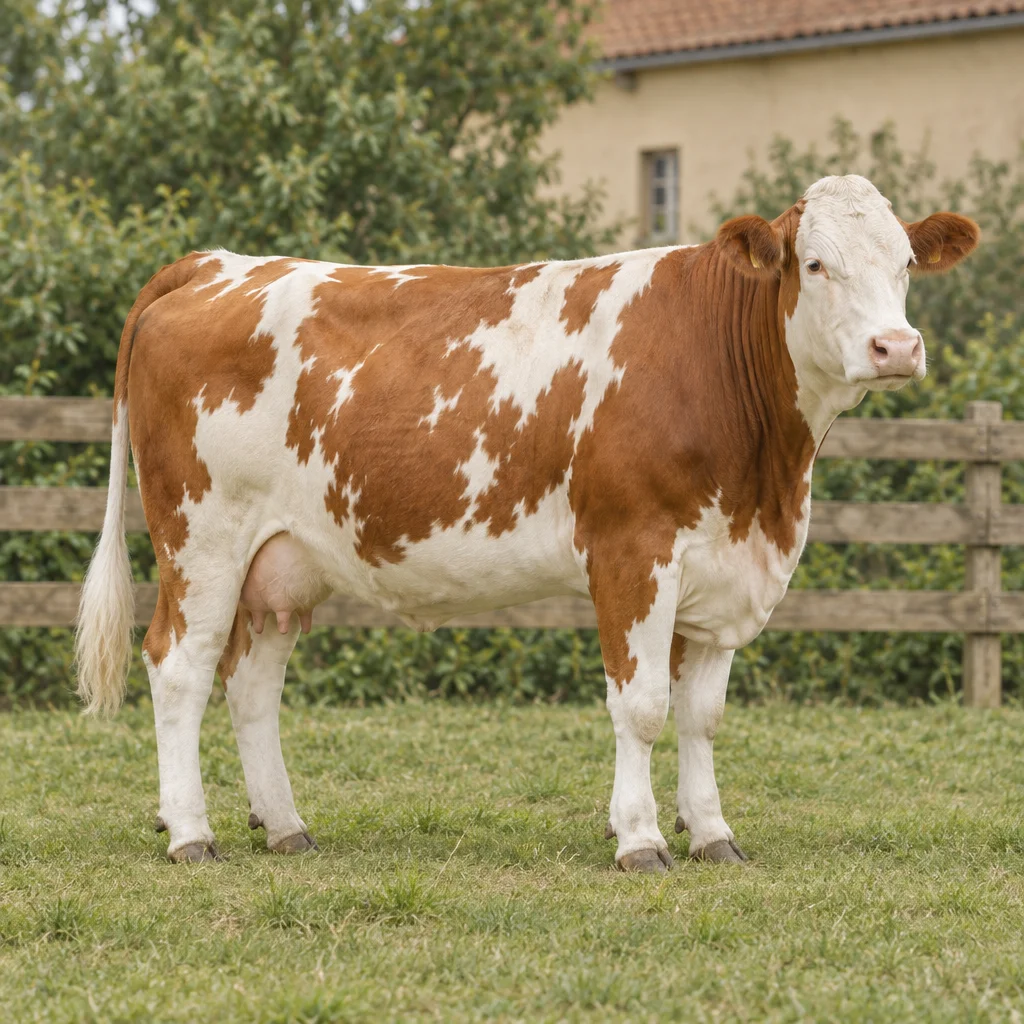 Une vache brune et blanche, visible en entier, se tient dans une prairie devant une clôture en bois.