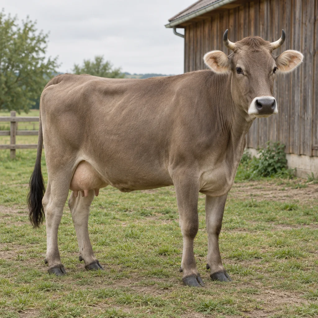 Une vache laitière gris brun avec des cornes, un museau foncé bordé d’une zone claire et un toupet noir au bout de la queue est visible en entier près d’une grange en bois.