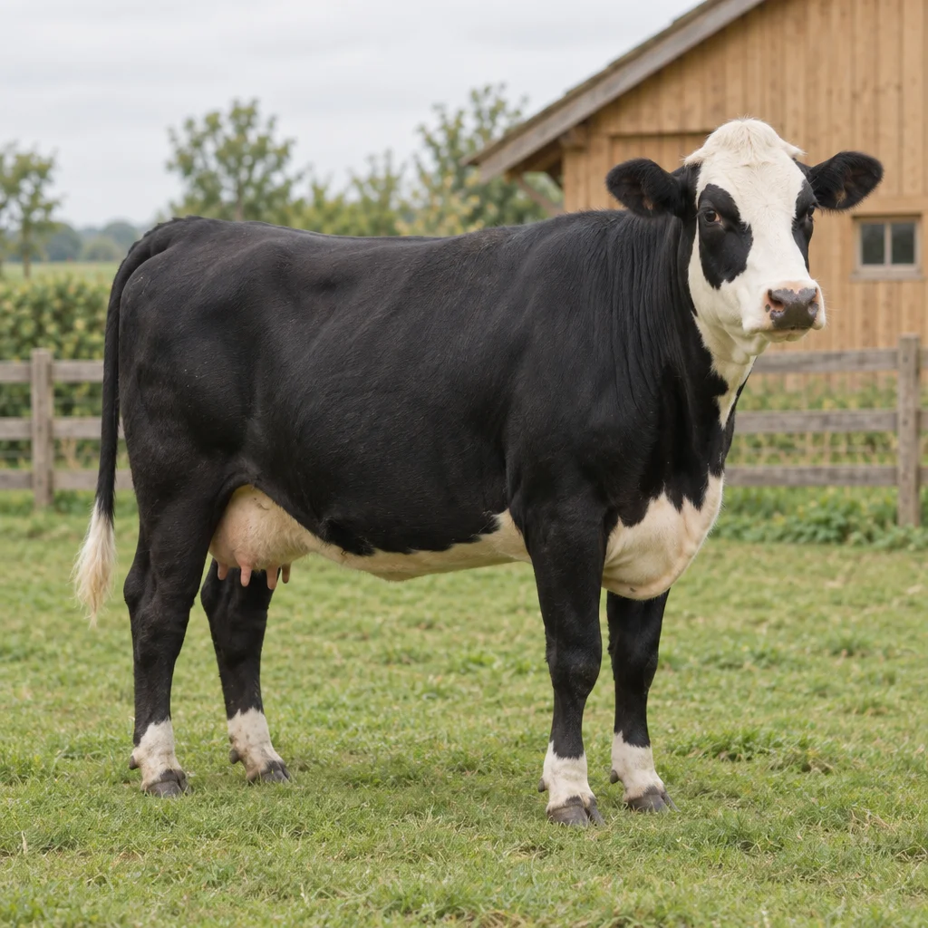 Vache noire à tête blanche, avec des taches noires autour des yeux, le ventre blanc et le bout de la queue blanc, dans un pré près d’une grange en bois.
