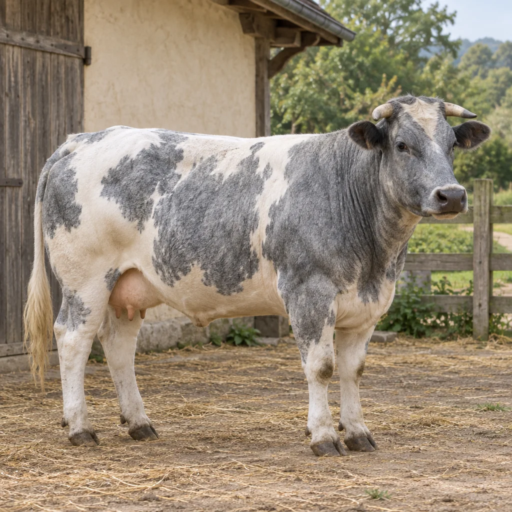 Un bovin gris et blanc aux cornes courtes se tient dans une cour à côté d’une grange, ses quatre pattes visibles.