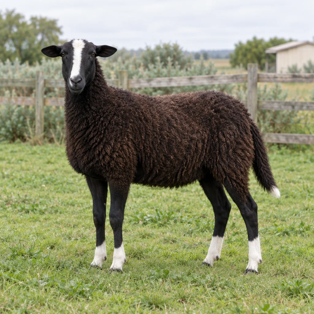 Mouton brun foncé avec une liste blanche sur la tête, quatre pattes marquées de blanc et le bout de la queue blanc, debout dans l'herbe devant une clôture en bois.