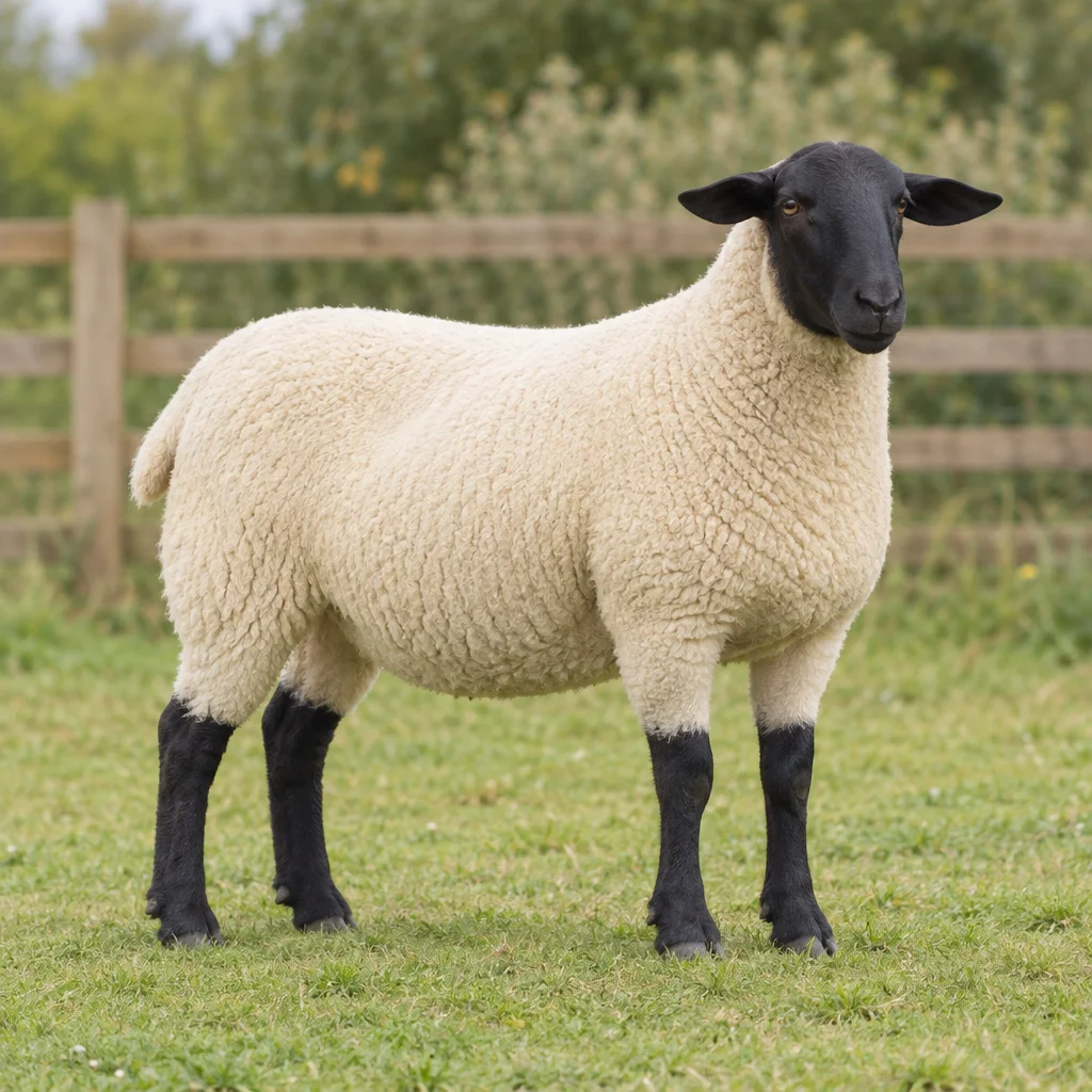 Un mouton à la laine blanche, à la tête noire et aux pattes noires se tient dans l’herbe devant une clôture en bois.