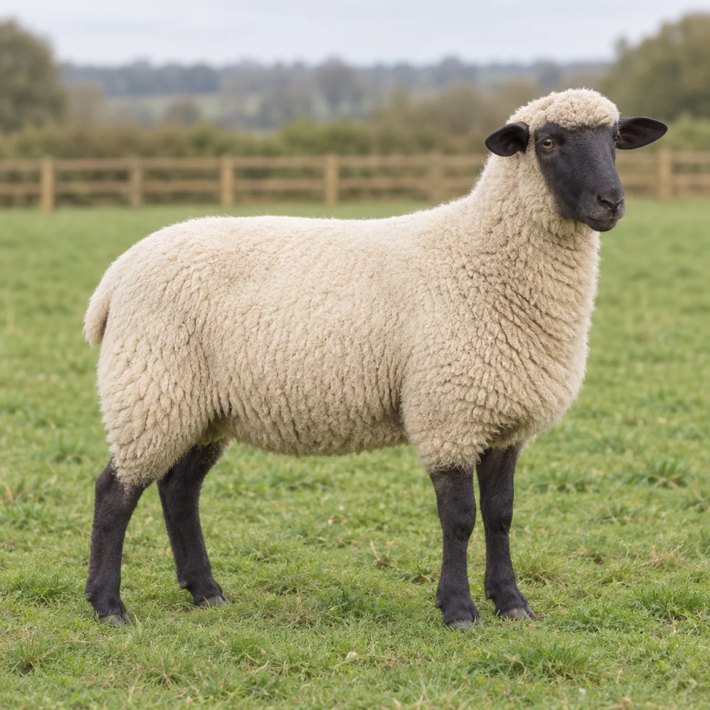Un mouton à la laine claire, à la tête et aux pattes foncées, se tient dans une prairie devant une clôture en bois.