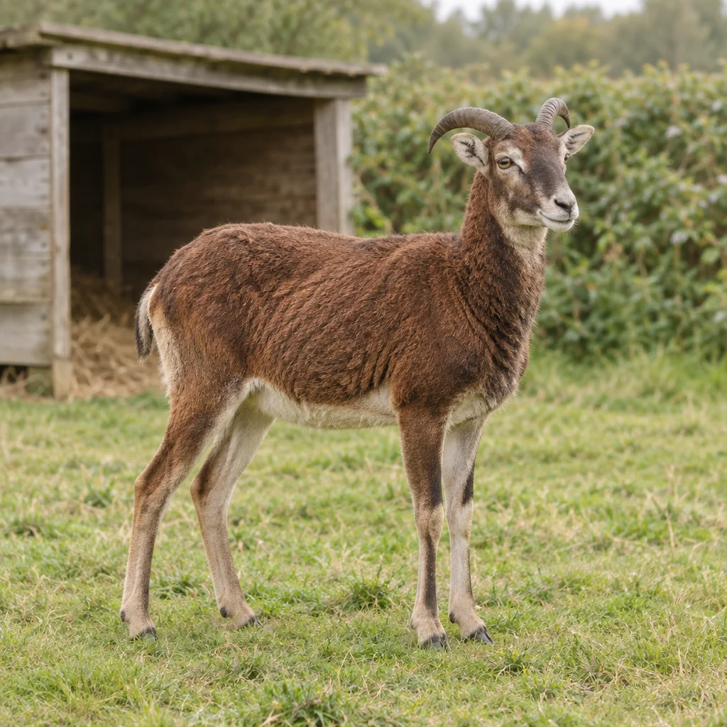 Un mouton brun aux deux cornes recourbées se tient dans l’herbe devant un abri en bois.