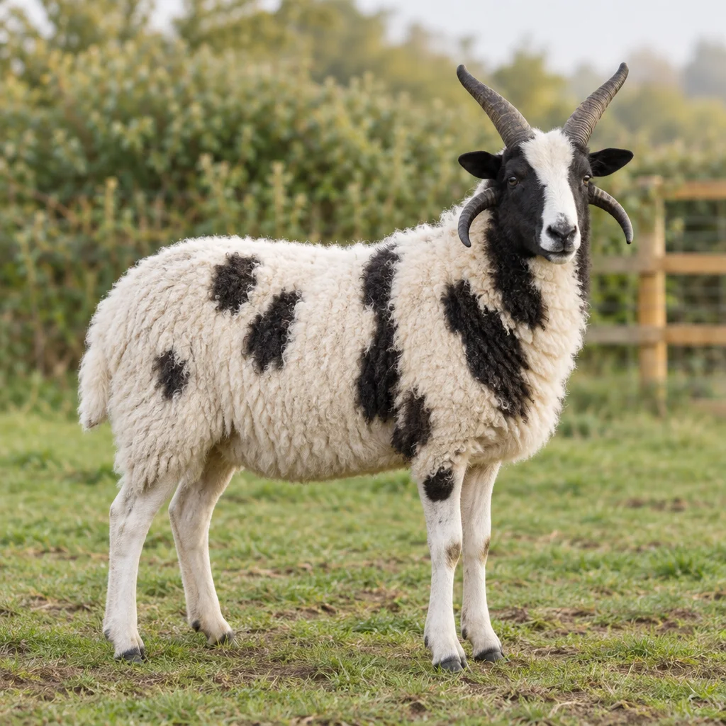 Un mouton tacheté de noir et de blanc, doté de quatre cornes, se tient dans une prairie avec ses quatre pattes visibles.