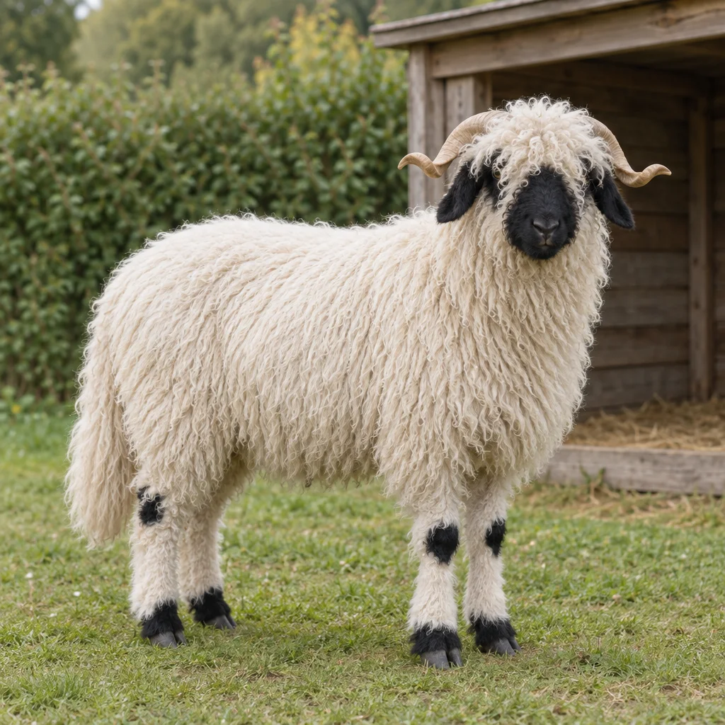 Un mouton blanc à la laine longue, au museau et aux oreilles noirs, avec des cornes recourbées et des marques noires sur les pattes, se tient sur l’herbe près d’un abri en bois.