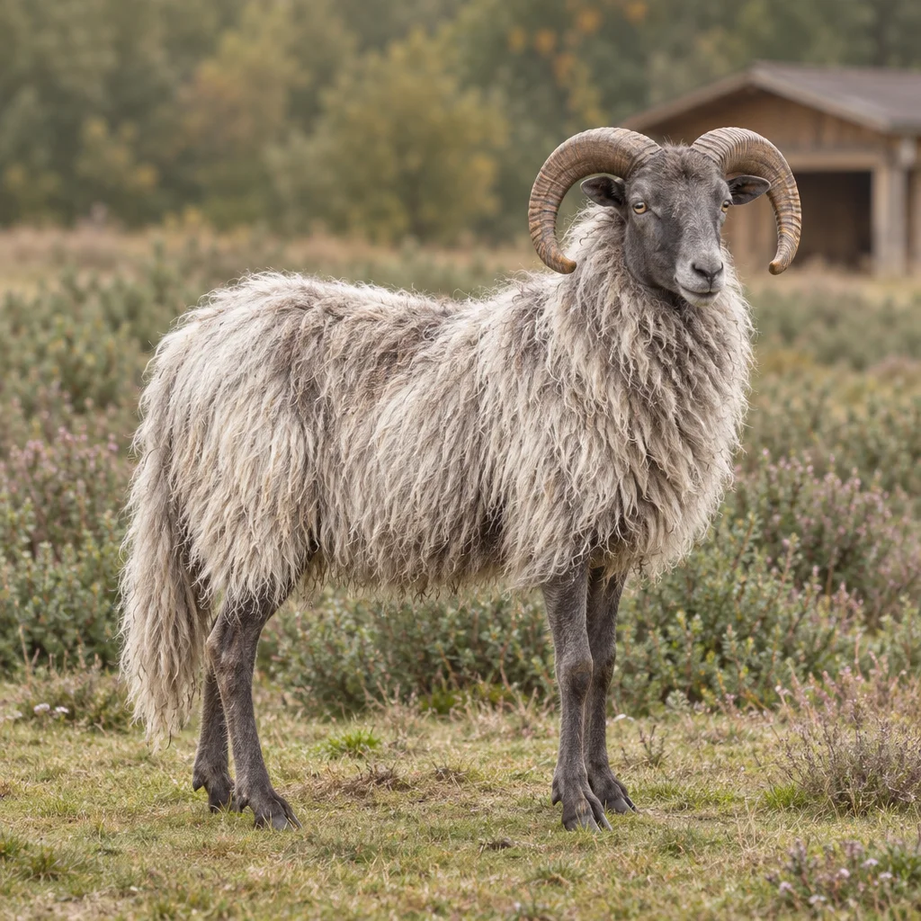 Illustration d’un bélier à cornes, doté d’une longue toison gris et blanc et d’une queue, dans une lande.