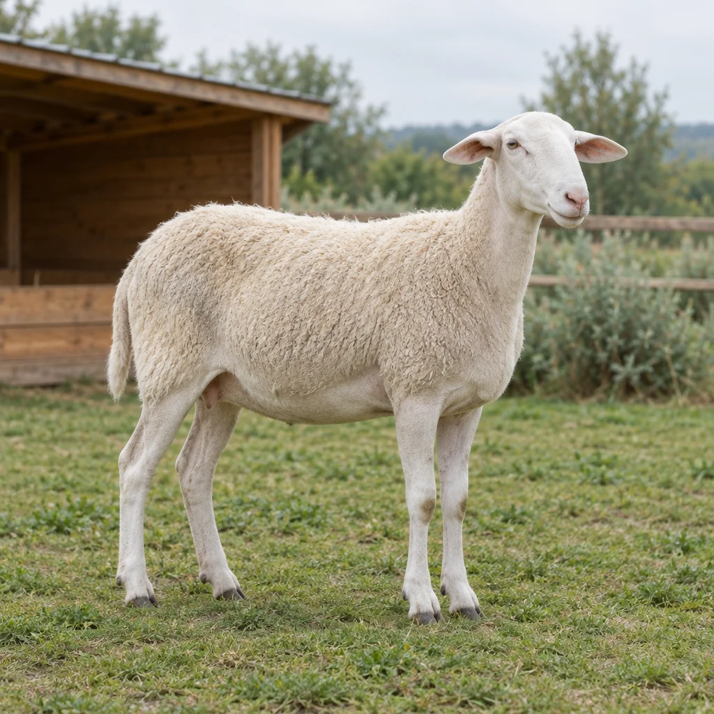 Un mouton blanc sans cornes se tient sur l’herbe devant un abri en bois ; son corps entier et tous ses onglons sont visibles.