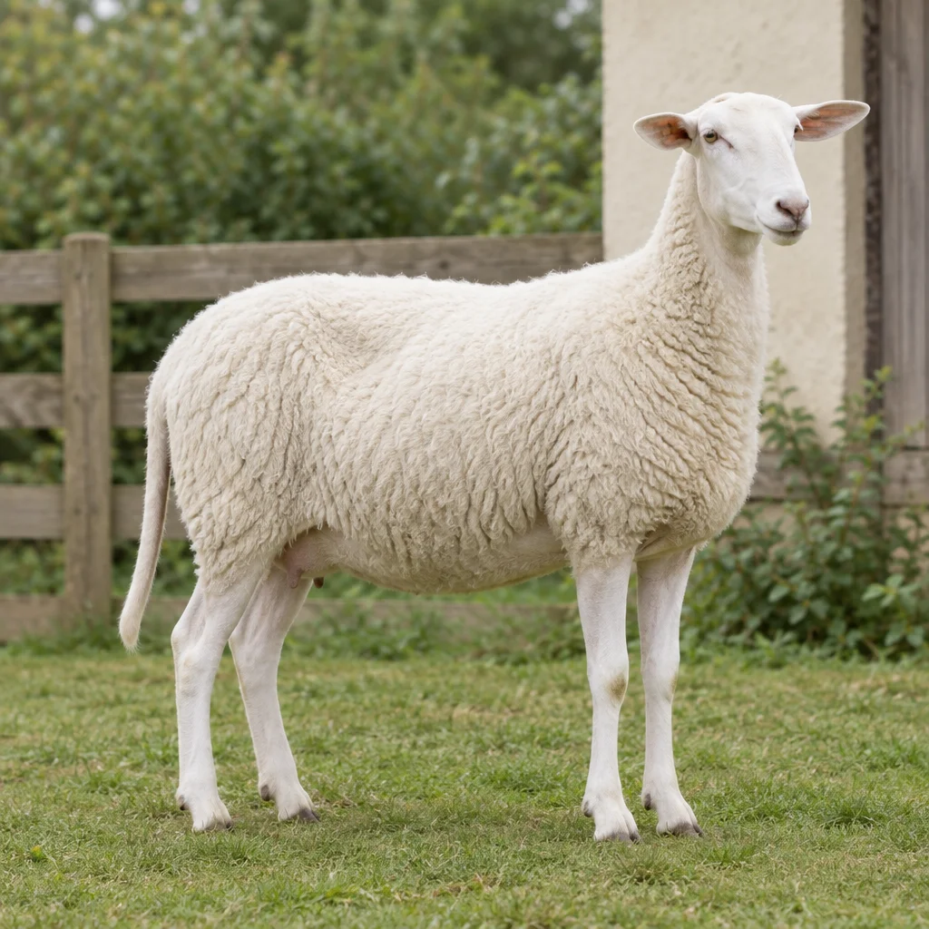 Un mouton adulte blanc sans cornes se tient sur l’herbe près d’une clôture en bois, ses quatre pattes visibles. Sa tête est dépourvue de laine et sa queue est longue et fine.
