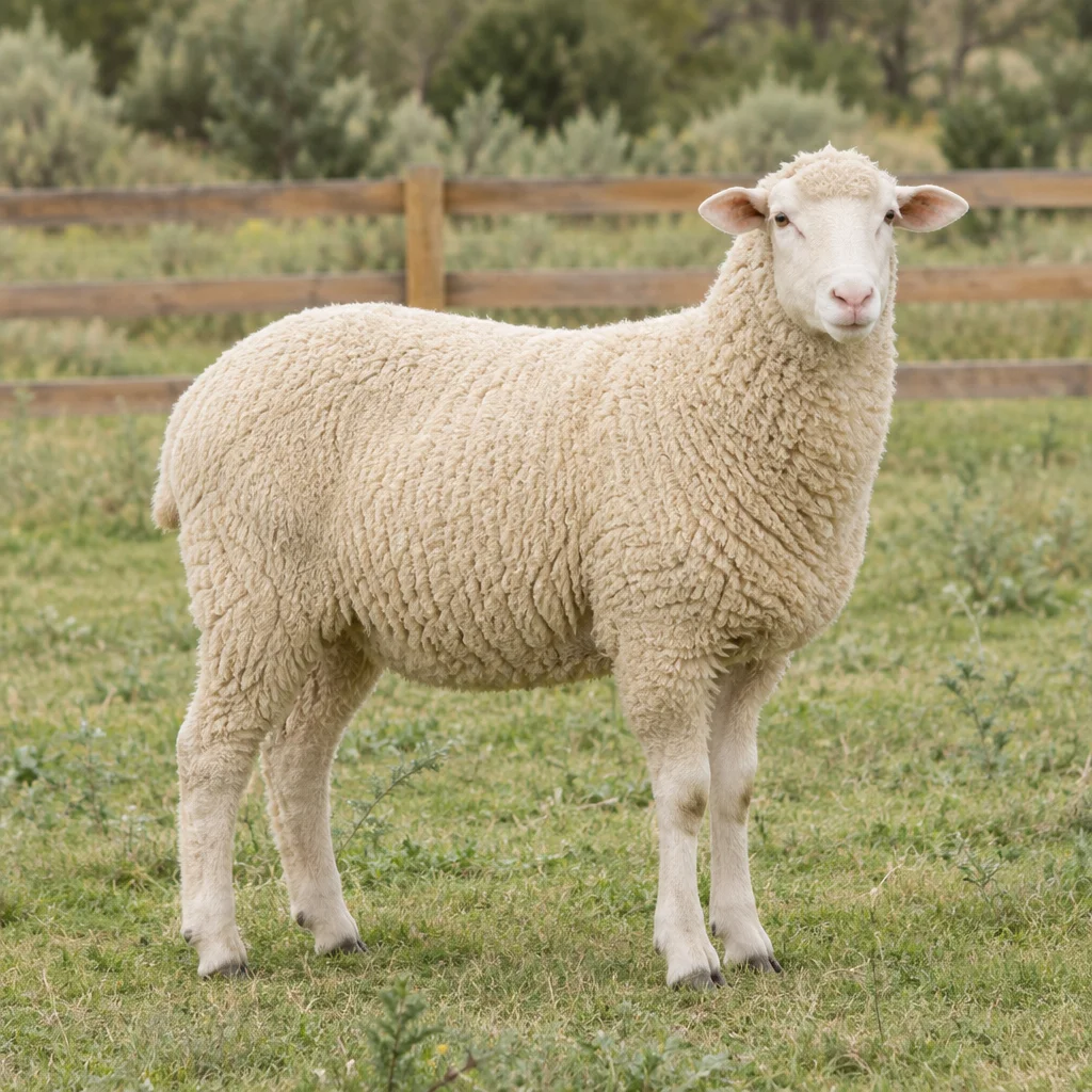 Un mouton à la laine blanche se tient sur l’herbe devant une clôture en bois ; son corps entier et ses quatre pattes sont visibles.