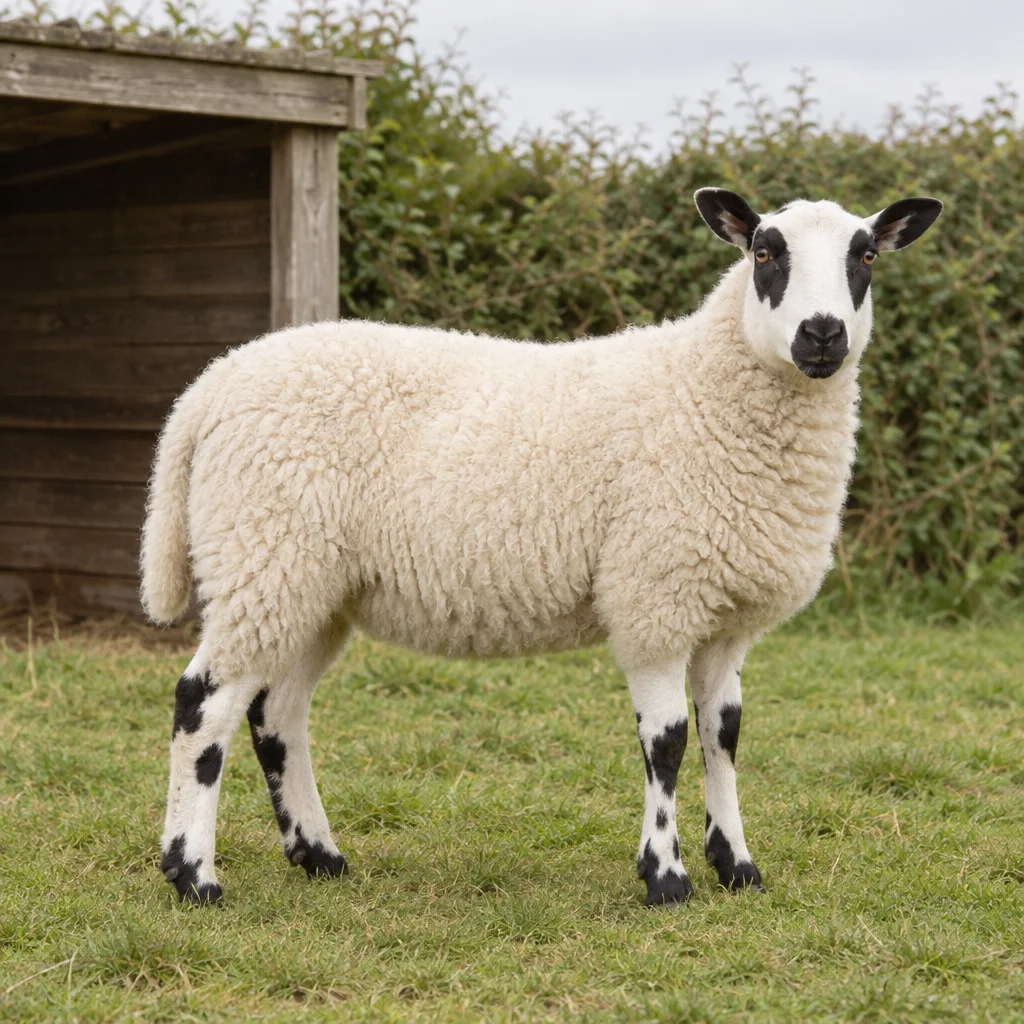 Un mouton blanc aux marques noires autour des yeux, sur le nez et sur les pattes se tient sur l'herbe à côté d'un abri en bois.