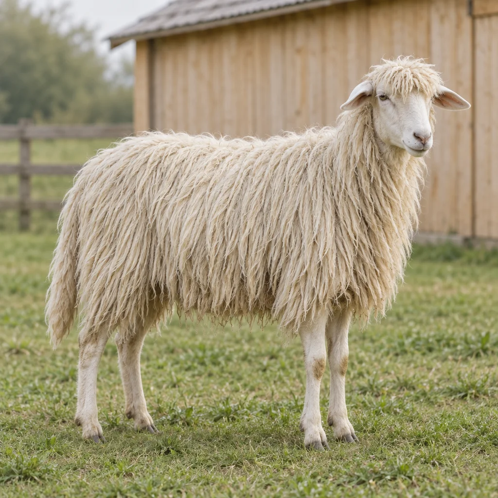 Un mouton blanc à la laine longue et pendante se tient dans une prairie devant une grange en bois.
