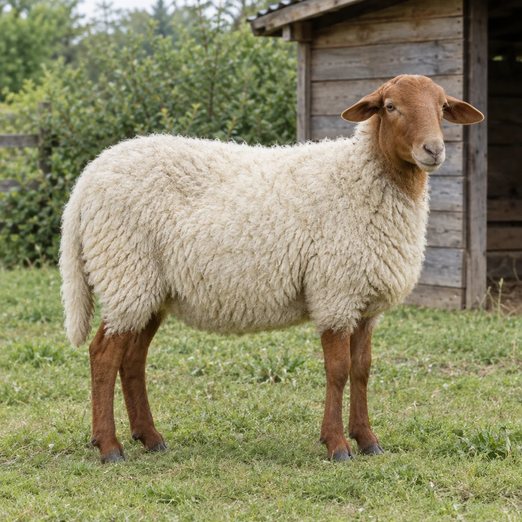 Un mouton à la laine blanche, à la tête et aux pattes brun rouge, se tient dans l'herbe à côté d'un abri en bois.