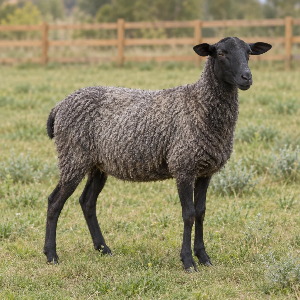 Un mouton à la laine grise, à la tête noire et aux pattes noires se tient dans une pâture herbeuse devant une clôture en bois.