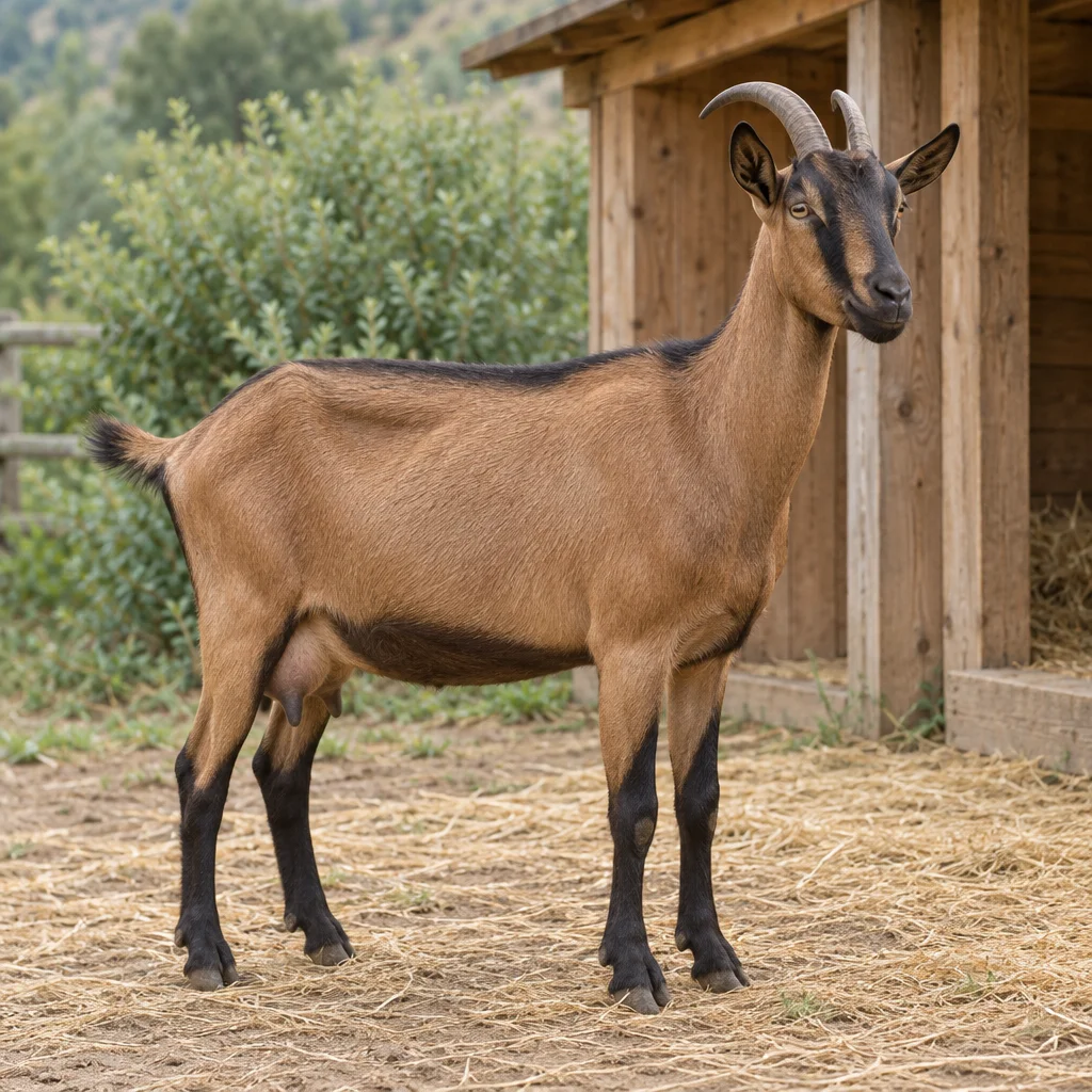 Une chèvre brune aux pattes foncées et aux marques sombres sur la tête se tient sur de la paille, à côté d’un abri en bois.