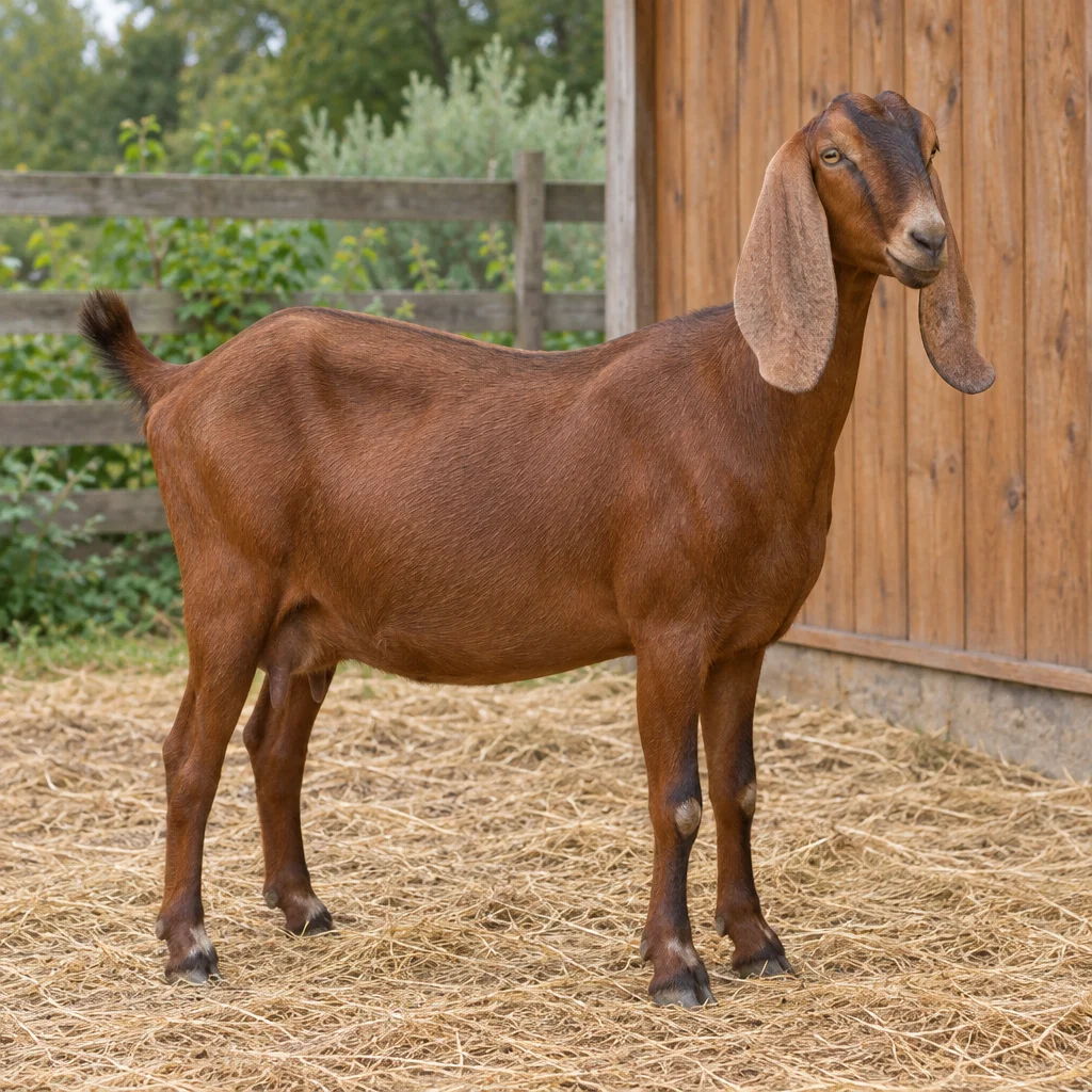 Chèvre brune aux longues oreilles pendantes sur de la paille, près d’une grange en bois.