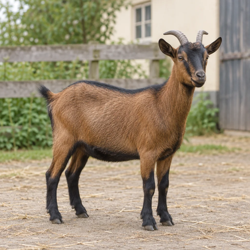 Chèvre naine brune aux pattes inférieures noires et dotée de deux cornes, entièrement visible dans une cour devant une clôture en bois.