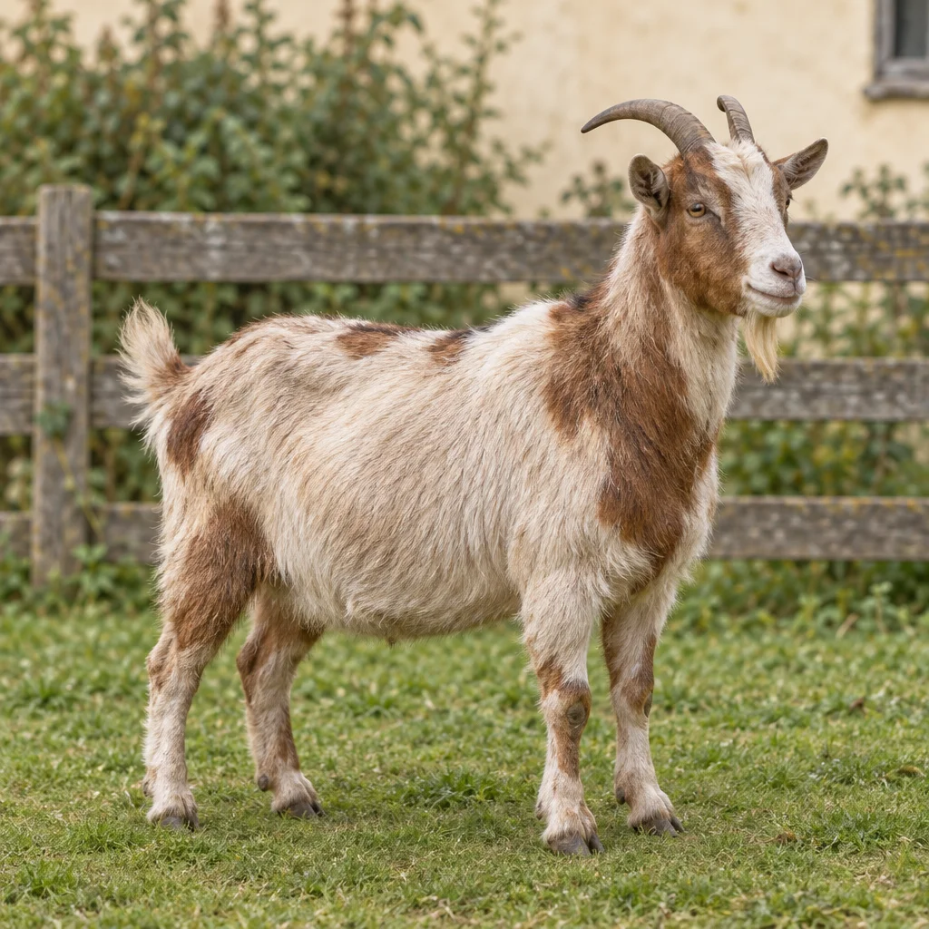 Une chèvre au poil hirsute, à la robe claire tachetée de brun, avec une barbiche et deux cornes recourbées, se tient sur l’herbe devant une clôture en bois.