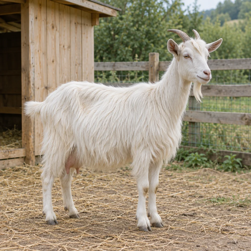 Illustration d’une chèvre des Carpates blanche, à cornes et au pelage long, près d’un abri en bois.