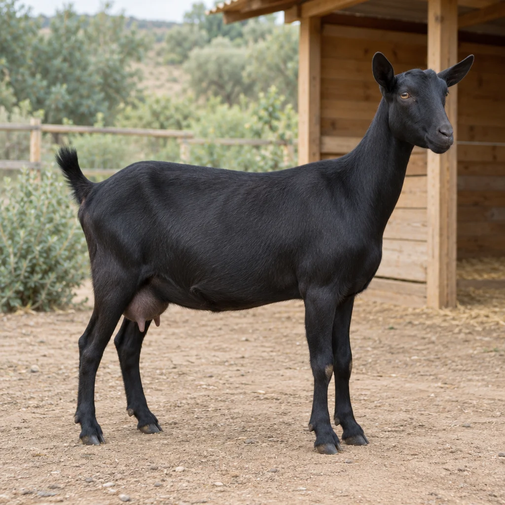 Chèvre noire sans cornes visibles, montrée en entier dans une cour à côté d’un abri en bois.