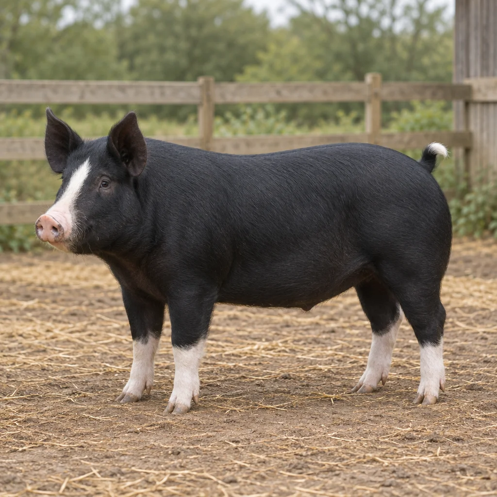 Porc noir aux oreilles dressées, avec une marque blanche sur le groin, le bas des pattes blanc et l’extrémité de la queue blanche, dans un espace extérieur clôturé.