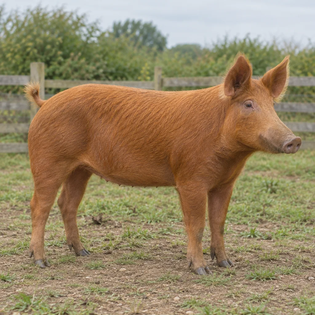 Illustration d’un porc Tamworth roux aux oreilles dressées dans une pâture clôturée.