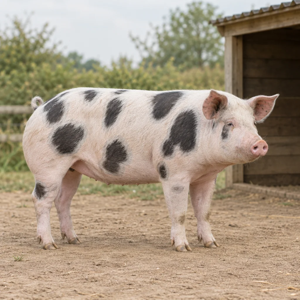 Un porc blanc tacheté de noir se tient dans une cour, les quatre pattes visibles, à côté d’un abri en bois.